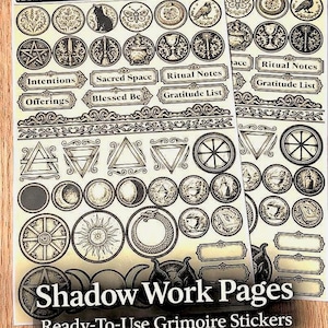 May include: Two sheets of ready-to-use grimoire stickers with a variety of black and white illustrations and text. The stickers include images of a cat, a butterfly, a bird, and other mystical symbols. Text includes "Shadow Work Pages".