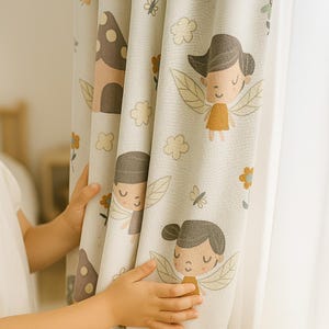 Blackout Linen Curtains – Fairy & Mushroom Print (Pastel Mustard/Sage/Peach/Aqua on Warm White) | Custom 50/100in Wide | Nursery/Kids Room