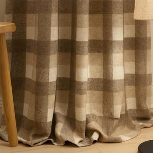Organic Linen Farmhouse Check Curtains — Beige/Taupe Plaid, Blackout or Light-Filter, 50–100in Wide, Custom Lengths, Single or Pair