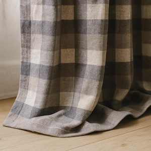 Organic Linen Farmhouse Check Curtains – Gray/Taupe Checks on Natural Flax, Blackout or Cotton Liner, Single or Pair, Custom, 4 Headings