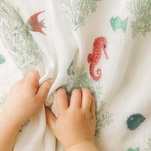 Organic Linen Embroidered Blackout Curtains, Pure White Base with Sea Coral, Seahorse & Fish Pattern — Kids Room/Nursery | Made to Measure