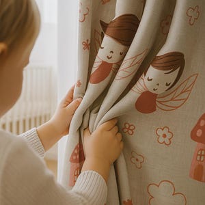 Blackout Linen Curtains – Fairy & Mushroom Print on Grey | Custom Sizing | Single or Pair | Oeko‑Tex Cotton or Blackout | 4 Heading Styles