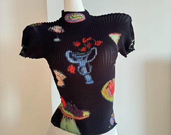 Maglietta elasticizzata con stampa carina nera fatta a mano, unica, grunge, a maniche corte, ispirata allo stile Y2K, maglietta da strada quotidiana emo punk, regalo per ragazza