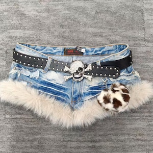 Y2K Retro Denim Micro Shorts Low Waist Frayed Fur Trim Hot Pants with Free Belt And Charm Included For Summer Or Parties