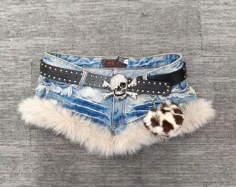 Y2K Retro Denim Micro Shorts Low Waist Frayed Fur Trim Hot Pants with Free Belt And Charm Included For Summer Or Parties