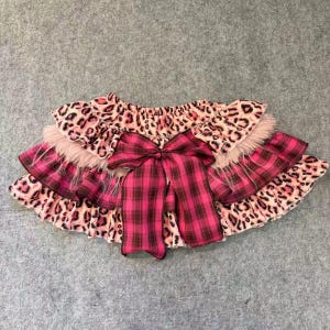 Women Pink Leopard Print Plaid Layered Ruffle Mini Skirt Furry Trim Large Bow Elastic Waist Skirt