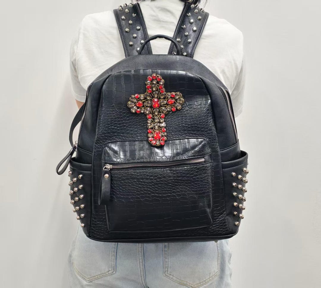 Punk Studded Black Croc PU Backpack Y2K Gothic Red Jewel Cross
