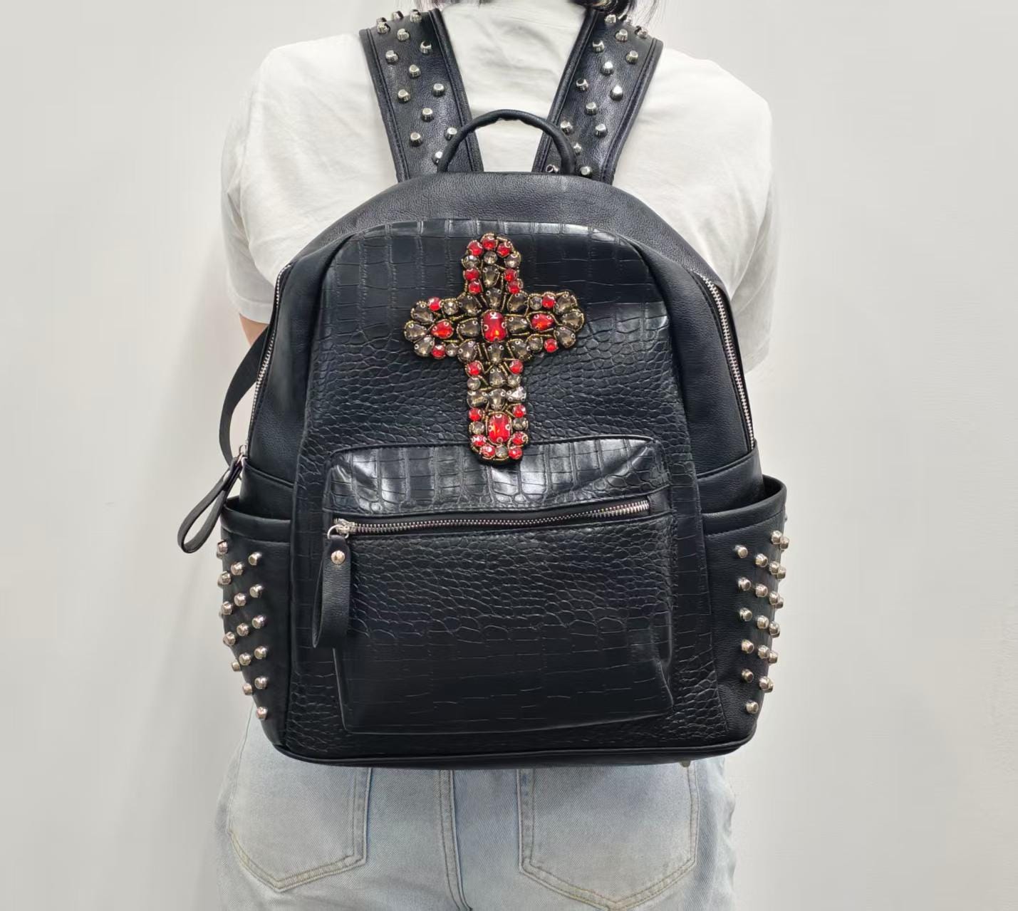 Punk Studded Black Croc PU Backpack Y2K Gothic Red Jewel Cross