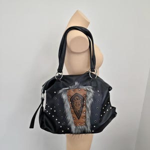 Black Faux Leather Rivet Tote Shoulder Bag Gray Faux Fur Viking Snake Embossed Patch Gothic Grunge Y2K Large Capacity Crossbody Handbag
