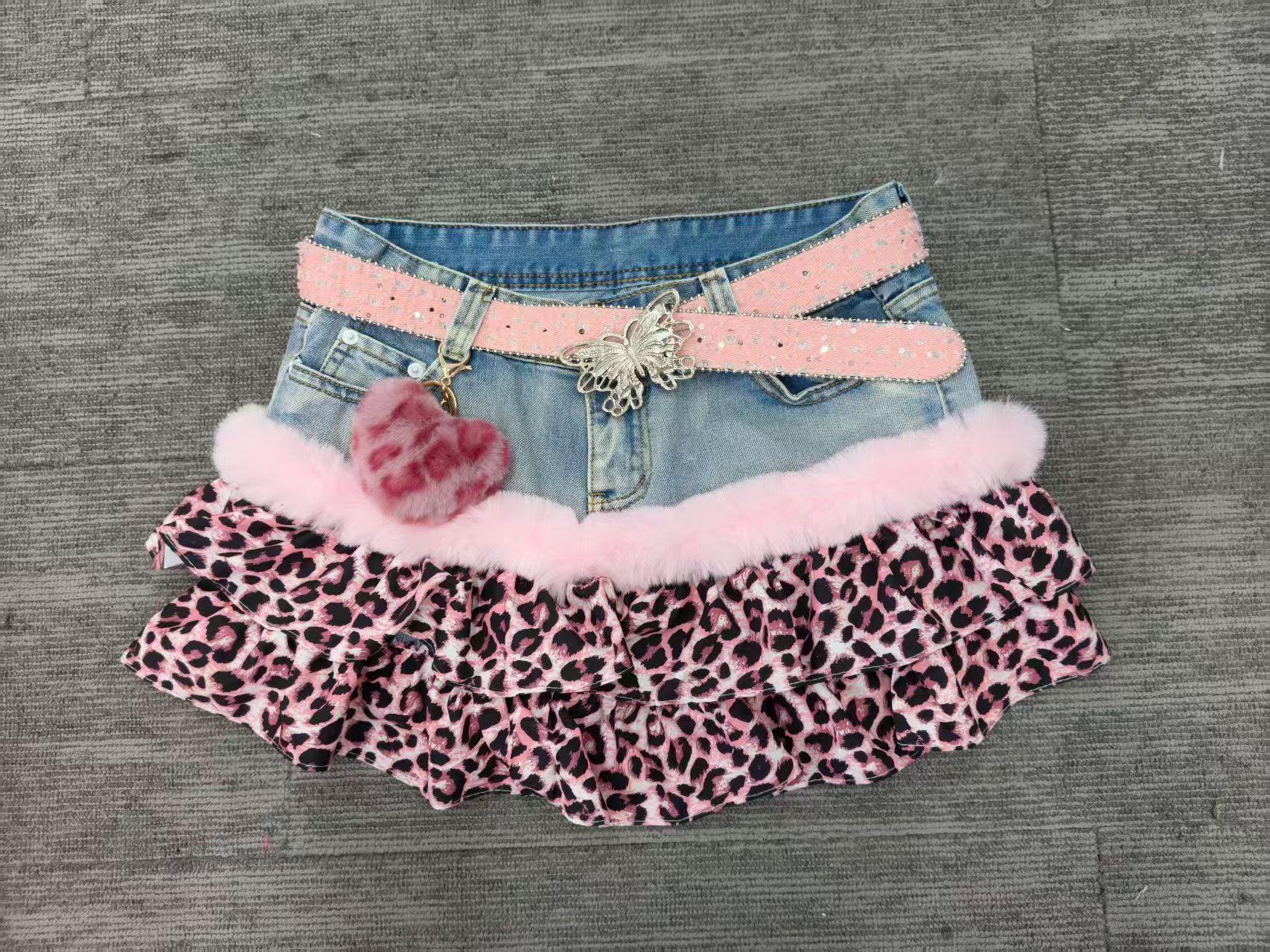 Y2K Low Waist Denim Mini Skirt With Pink Leopard Print & Pink Fur