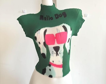 Maglietta elasticizzata verde con stampa di cane plissettata fatta a mano, unica nel suo genere, a maniche corte, ispirata allo stile Y2K, maglietta da strada quotidiana punk emo, regalo per ragazza