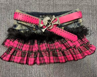 Y2K Low-Rise Washed Denim Mini Skirt, Hot Pink Plaid Tiered Ruffles, Black Fur Trim & Rhinestone Skull Studded Pink Belt for Summer Parties