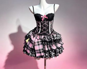 Pink Plaid Leopard Print Corset Skirt Set And Black Lace Corset Top
