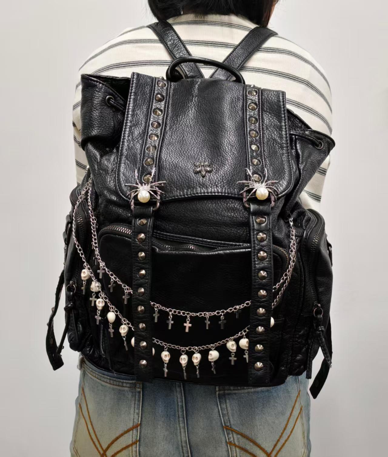 Punk Studded Black Leather Backpack Y2K Gothic Spider Skull Cross