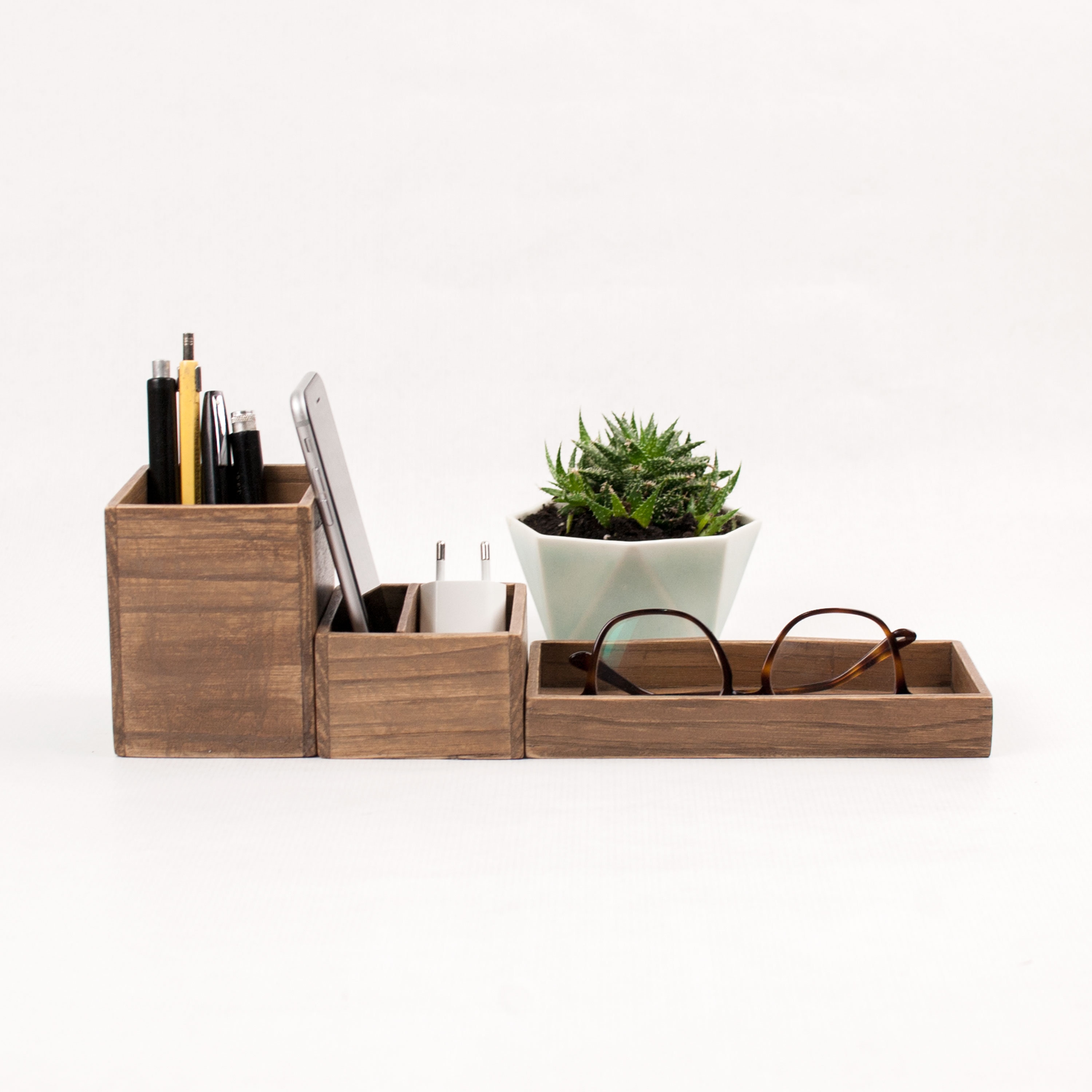 Rustic wood desk organizer Walnut desk storage Modular Etsy