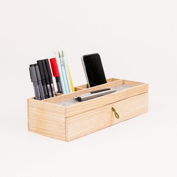 Wood Desk Organizer With Drawer Modern Office Desk Etsy