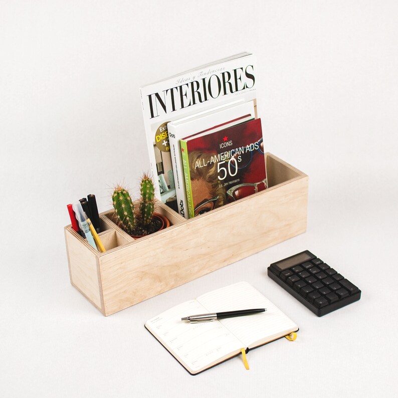 Wood Desk Storage Modern Accessories Set Organizer Office Box
