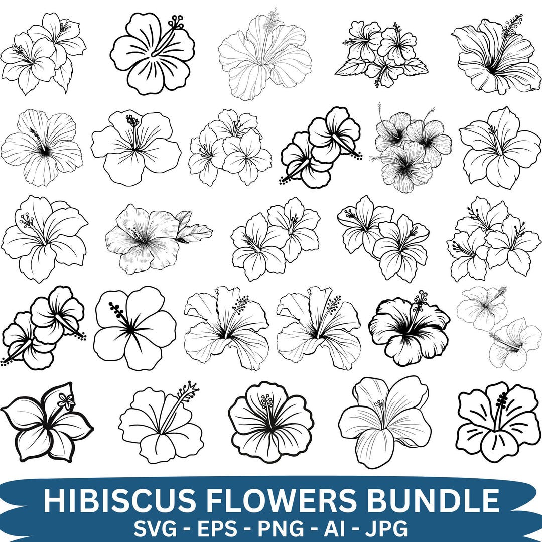 Hibiscus Flower SVG Bundle, Tropical Line Art Clipart (digital Download ...