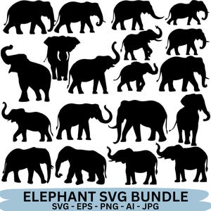 May include: A set of black elephant silhouettes in different stances, such as walking, standing, and trumpeting. The image includes the text "ELEPHANT SVG BUNDLE" with file type options: SVG, EPS, PNG, AI, and JPG.