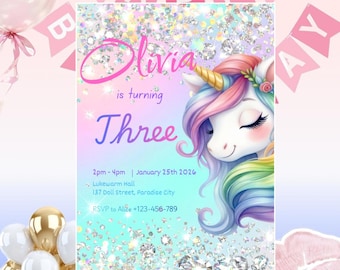 Unicorn Birthday Invitation, Pastel Rainbow Unicorn Party Invite, Fairytale Princess, Editable Canva Template, Digital Download