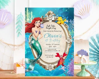 Zaproszenie urodzinowe Małej Syrenki Zaproszenie na przyjęcie Małej Syrenki Zaproszenie na przyjęcie Ariel Edytowalny szablon Canva do natychmiastowego pobrania