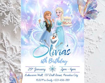 Faire-part d'anniversaire La Reine des neiges, modèle de toile modifiable, flocon de neige hiver fête d'invitation, invitation d'anniversaire princesse des glaces, téléchargement numérique