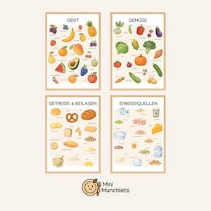 Peut inclure: Quatre tableaux éducatifs sur les aliments, encadrés de bois, illustrant fruits, légumes, céréales et sources de protéines. Chaque tableau a du texte en haut. Le logo Mini Munchlets est en bas.