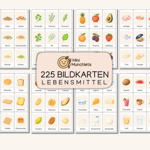 Könnte beinhalten: Eine Sammlung von Lernkarten mit farbenfrohen Illustrationen verschiedener Lebensmittel, darunter Obst, Gemüse, Getreide und Proteine. Jede Karte zeigt eine Lebensmittelgrafik mit der entsprechenden deutschen Bezeichnung darunter.