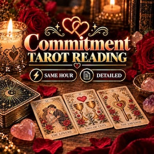 Puede incluir: Una pantalla de lectura de tarot con el texto Commitment TAROT READING, SAME HOUR y DETAILED. Tres cartas están dispuestas: The Lovers, Two of Cups y The Emperor. La escena incluye rosas rojas, una vela encendida y un cristal en forma de corazón.