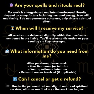Puede incluir: Gr&aacute;fico negro con texto: "&iquest;Son reales tus hechizos y rituales?" y otro texto sobre el servicio. Incluye informaci&oacute;n sobre la entrega digital, la informaci&oacute;n requerida y la pol&iacute;tica de reembolso. Informaci&oacute;n sobre servicios espirituales.