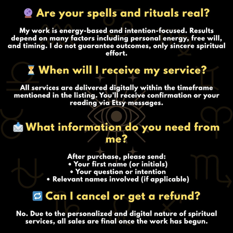 Puede incluir: Gr&aacute;fico negro con texto: "&iquest;Son reales tus hechizos y rituales?" y otro texto sobre el servicio. Incluye informaci&oacute;n sobre la entrega digital, la informaci&oacute;n requerida y la pol&iacute;tica de reembolso. Informaci&oacute;n sobre servicios espirituales.