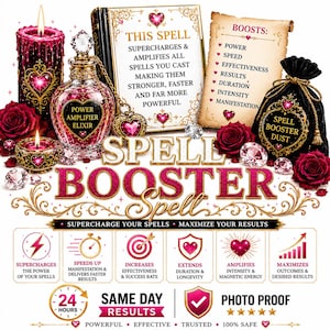 May include: An advertisement for a spell booster product. The image features a bottle of Power Amplifier Elixir, a Spell Booster Dust bag, candles, roses, and text that reads "This Spell Supercharges & Amplifies All Spells You Cast."