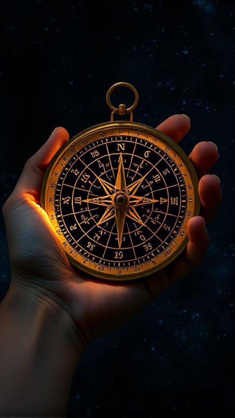 May include: A vintage brass compass with a glowing interior, held in a hand against a starry background. The compass features a detailed dial with directional markings and a central star design, suggesting navigation and exploration.