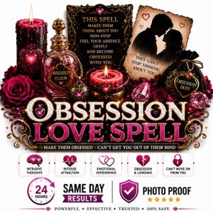 Puede incluir: Anuncio de un "Hechizo de amor de obsesión" con el título central. La imagen incluye una botella de "Elixir de Obsesión", velas, rosas y texto que dice "Haz que se obsesionen" y "No pueden sacarte de su mente."