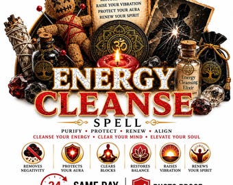 May include: An advertisement for an energy cleanse spell. The image features a voodoo doll, crystals, a burning candle, and a bottle labeled "Energy Cleansing Elixir." Text includes "Energy Cleanse Spell" and promises to remove negativity and restore balance.