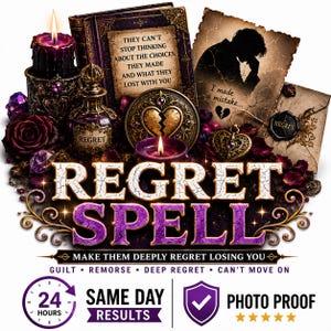Może przedstawiać: Artystyczna kompozycja w fioletowo-złotym designie z napisem "Regret Spell". Obraz zawiera książkę, świece, złamane serce i tekst "Make them deeply regret losing you". Dodatkowy tekst zawiera "Same Day Results" i "Photo Proof."