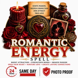 May include: An image with a romantic theme, featuring a lit red candle, roses, and a bottle with a heart-shaped charm. The words "Romantic Energy Spell" are prominently displayed, along with text promoting attraction and connection.