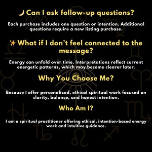 Puede incluir: Fondo negro con texto dorado y s&iacute;mbolos astrol&oacute;gicos. El texto plantea preguntas sobre la gu&iacute;a espiritual, incluyendo preguntas de seguimiento, conexi&oacute;n con los mensajes y las cualificaciones del practicante. La imagen proporciona respuestas.
