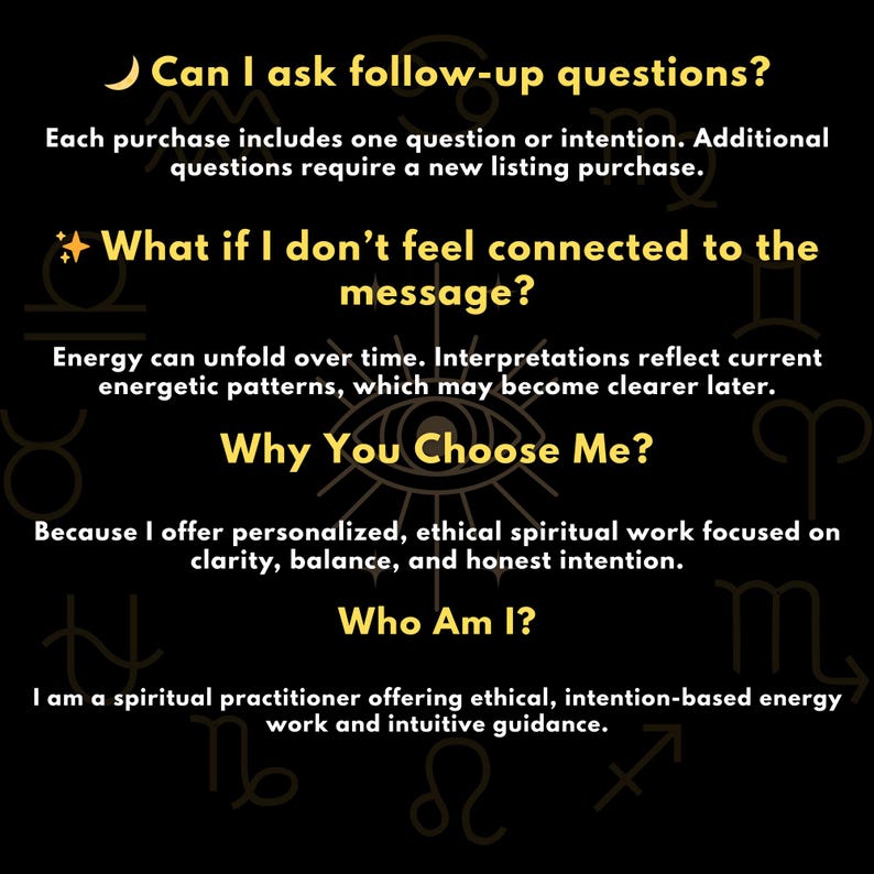 Puede incluir: Fondo negro con texto dorado y s&iacute;mbolos astrol&oacute;gicos. El texto plantea preguntas sobre la gu&iacute;a espiritual, incluyendo preguntas de seguimiento, conexi&oacute;n con los mensajes y las cualificaciones del practicante. La imagen proporciona respuestas.
