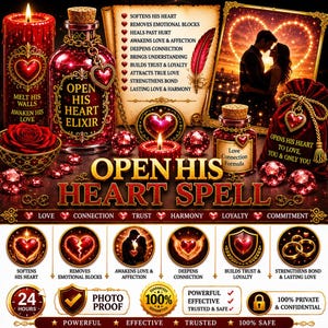 Puede incluir: Gráfico de temática romántica con el texto "Open His Heart Spell". La imagen presenta una botella de elixir roja, velas, una rosa y una pareja en un marco en forma de corazón. El texto adicional incluye "Love Connection Formula".