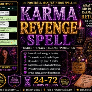 May include: A digital graphic advertising a "Karma Revenge Spell" with text and imagery. The design features a purple and gold colour scheme, a potion bottle, a skull, and the words "Justice, Payback, Balance, Protection."