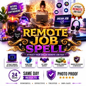 May include: A digital graphic advertising a "Remote Job Spell" featuring a woman using a laptop. Text includes "Work From Anywhere," "Dream Job," and "Attract Remote Job Fast." Icons and text highlight benefits such as financial freedom and same-day results.