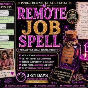 Könnte beinhalten: Werbebild für einen Fernjob-Zauber. Das Bild zeigt ein lila-goldenes Design mit dem Text "Remote Job Spell". Es enthält ein Glas mit einem Korken, eine brennende Kerze und einen Schlüssel. Das Bild enthält auch Testimonials und ein Foto einer Frau.