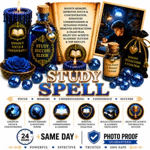 May include: An advertisement for a "Study Spell" featuring a blue candle, a bottle labeled "Study Success Elixir," and other mystical items. The text promises to enhance focus, memory, and academic success. The image includes the words "Photo Proof Guaranteed."