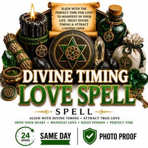 Puede incluir: Una colección de objetos rituales que incluye una vela negra, una botella de vidrio verde, una pequeña bolsa, cristales y un emblema circular con una estrella. El texto dice: DIVINE TIMING LOVE SPELL, ALIGN WITH THE PERFECT TIME FOR LOVE.