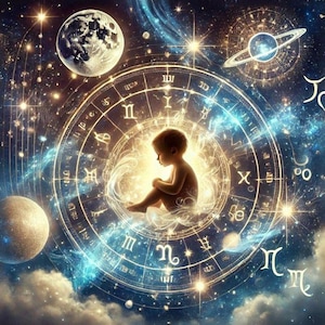 May include: Digital art depicting a baby inside a glowing circle with zodiac symbols, surrounded by planets, stars, and celestial elements. The artwork features a dark blue and gold color scheme, with a dreamy, ethereal quality.