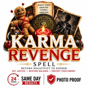 Pode incluir: Imagem promocional de um "Feitiço de Vingança Kármica" com uma boneca voodoo, uma vela vermelha acesa e o texto "O que semeias, colhes". O texto adicional inclui "Devolver a negatividade ao remetente".