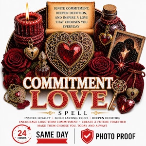 Könnte beinhalten: Eine romantische Darstellung mit rotem Thema, mit einer Kerze, Rosen und herzförmigen Ornamenten. Der Text lautet "COMMITMENT LOVE SPELL". Weitere Elemente sind ein Schlüssel, eine Flasche und ein Foto eines Paares.