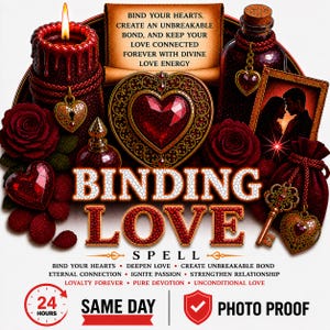 Może przedstawiać: Romantyczny kolaż z czerwoną świecą, różami i motywami serca. Słowa "BINDING LOVE SPELL" są widoczne. Tekst zawiera "Bind Your Hearts" i "Same Day Photo Proof", przekazując temat miłości i połączenia.