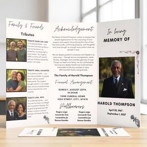 Trifold memorial canva template, funeral favors, rose funeral program, ceremony program, memorial photos, male funeral program, obituary